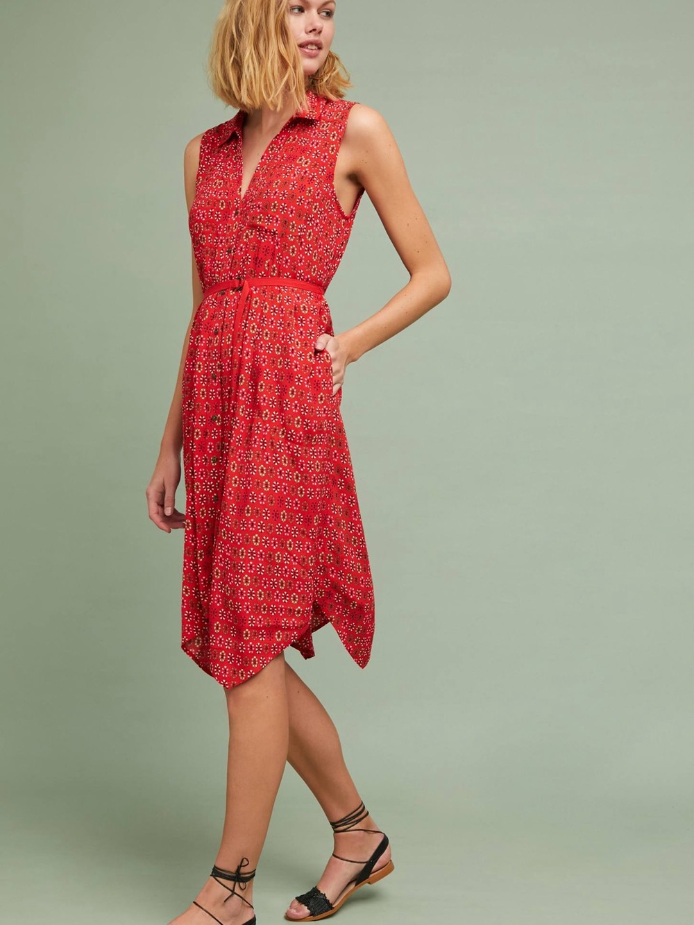 Anthropologie Mauve Red Printed Collared Asymmetrical Hem Dress size 6P.boho